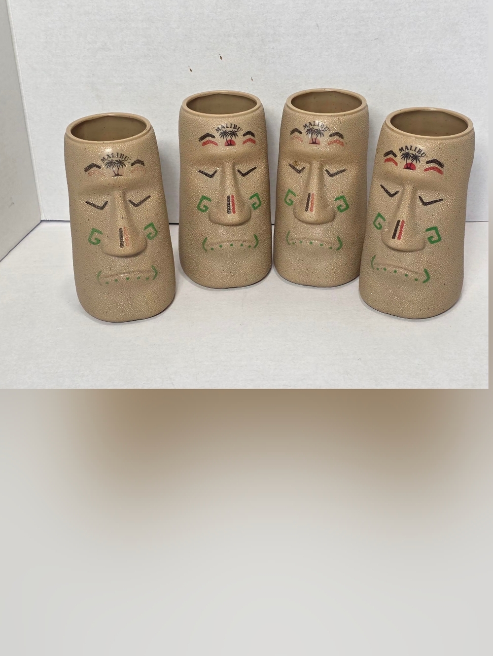 4 Malibu Rum Easter Island Moai Plastic Tiki Cups Promotional Collectible